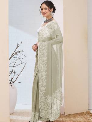Olive printed chiffon festive wear saree with blouse piece 3