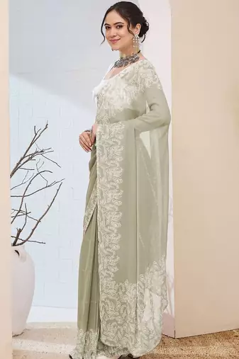 Olive printed chiffon festive wear saree with blouse piece