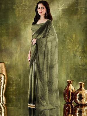 Olive printed chiffon festive wear saree with blouse piece 2