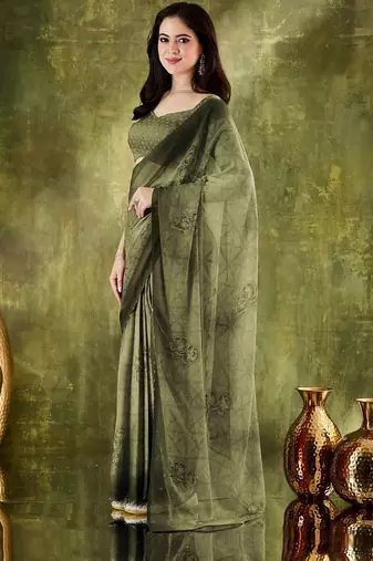 Olive printed chiffon festive wear saree with blouse piece