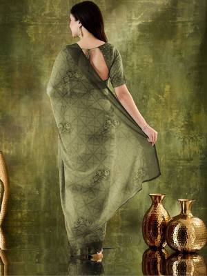Olive printed chiffon festive wear saree with blouse piece 3