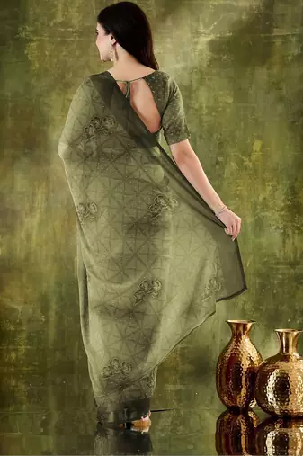 Olive printed chiffon festive wear saree with blouse piece