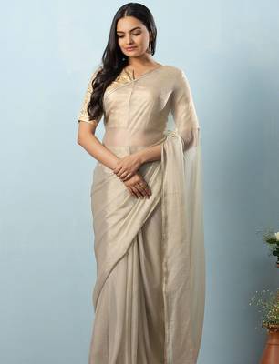 Green plain tissue festive wear saree with blouse piece 3