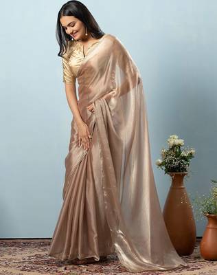 Brown plain tissue festive wear saree with blouse piece 1
