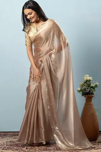 Brown plain tissue festive wear saree with blouse piece