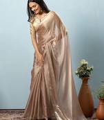 Brown plain tissue festive wear saree with blouse piece