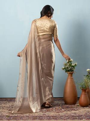 Brown plain tissue festive wear saree with blouse piece 2