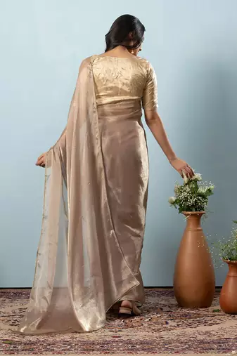 Brown plain tissue festive wear saree with blouse piece