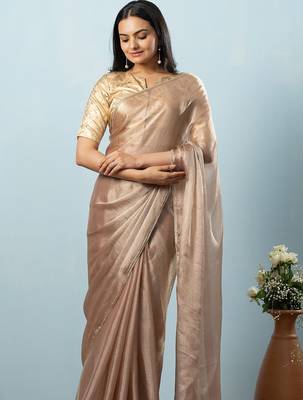 Brown plain tissue festive wear saree with blouse piece 3