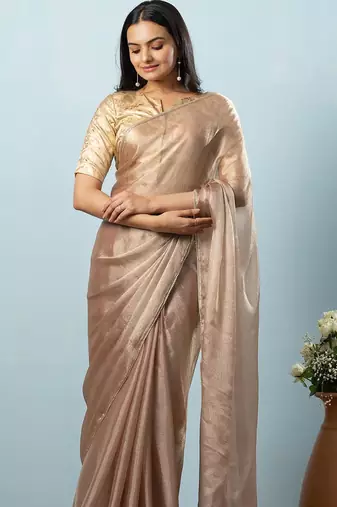 Brown plain tissue festive wear saree with blouse piece