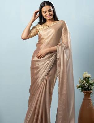 Brown plain tissue festive wear saree with blouse piece 4