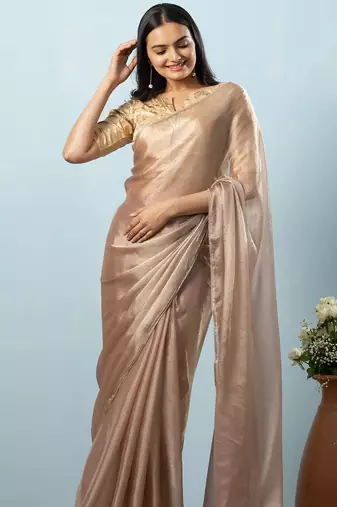 Brown plain tissue festive wear saree with blouse piece