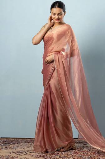 Pink plain tissue festive wear saree with blouse piece