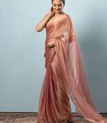 Pink plain tissue festive wear saree with blouse piece