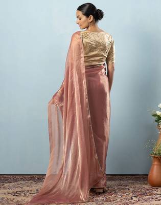 Pink plain tissue festive wear saree with blouse piece 2