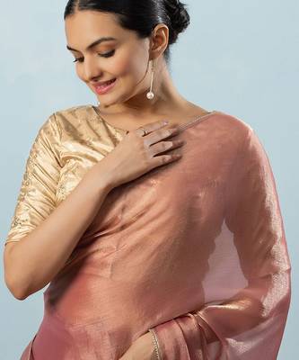 Pink plain tissue festive wear saree with blouse piece 4