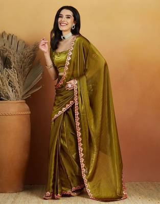 Green plain tissue festive wear saree with blouse piece 1