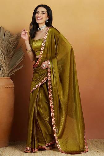 Green plain tissue festive wear saree with blouse piece