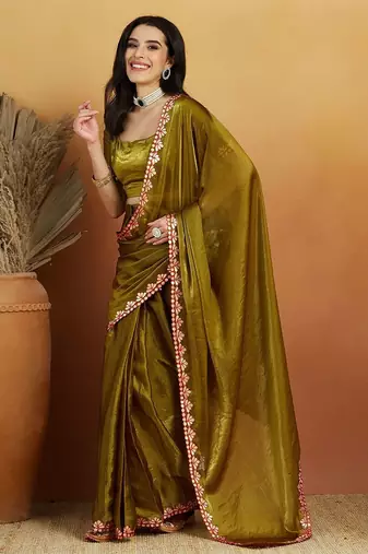 Green plain tissue festive wear saree with blouse piece