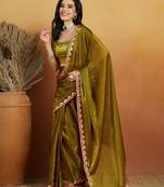 Green plain tissue festive wear saree with blouse piece