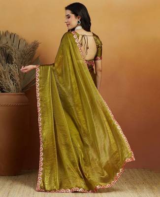 Green plain tissue festive wear saree with blouse piece 2