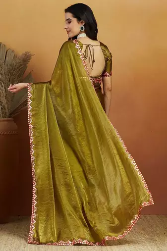 Green plain tissue festive wear saree with blouse piece