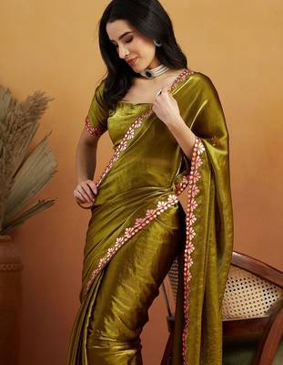 Green plain tissue festive wear saree with blouse piece 3