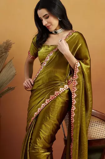 Green plain tissue festive wear saree with blouse piece