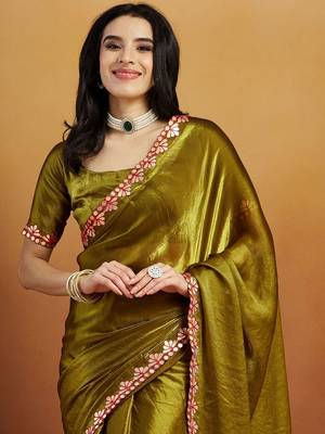Green plain tissue festive wear saree with blouse piece 4