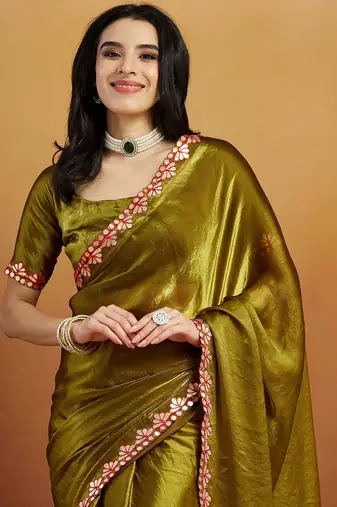 Green plain tissue festive wear saree with blouse piece