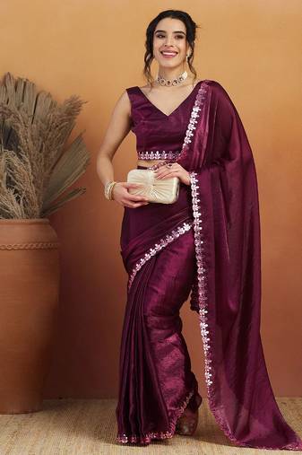 Purple plain tissue festive wear saree with blouse piece