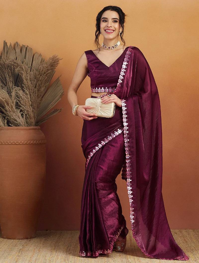 Purple plain tissue festive wear saree with blouse piece