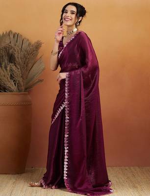 Purple plain tissue festive wear saree with blouse piece 2
