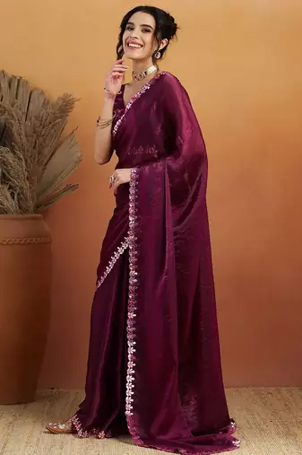 Purple plain tissue festive wear saree with blouse piece
