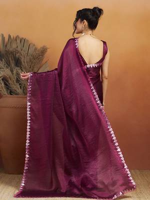 Purple plain tissue festive wear saree with blouse piece 3
