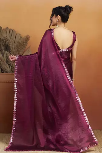 Purple plain tissue festive wear saree with blouse piece