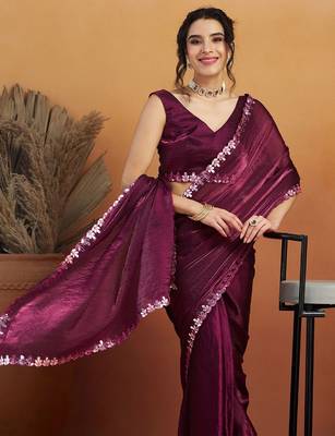 Purple plain tissue festive wear saree with blouse piece 4