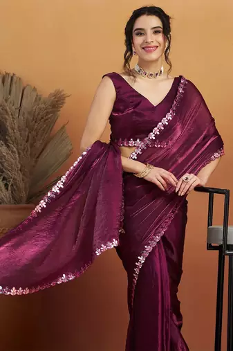 Purple plain tissue festive wear saree with blouse piece