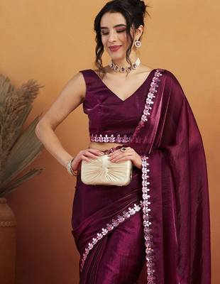 Purple plain tissue festive wear saree with blouse piece 5