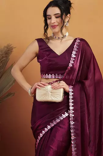 Purple plain tissue festive wear saree with blouse piece