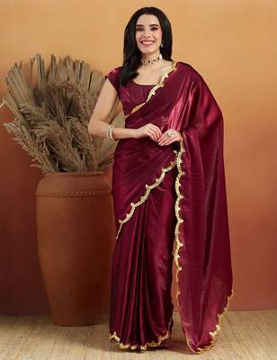 Maroon plain tissue festive wear saree with blouse piece 1