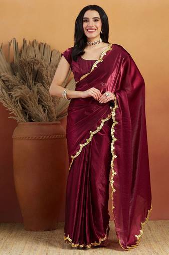 Maroon plain tissue festive wear saree with blouse piece