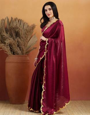Maroon plain tissue festive wear saree with blouse piece 2