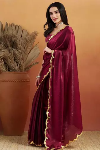 Maroon plain tissue festive wear saree with blouse piece