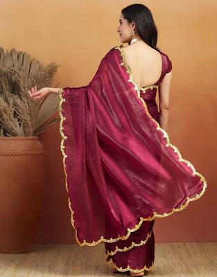 Maroon plain tissue festive wear saree with blouse piece 3