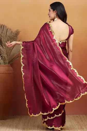 Maroon plain tissue festive wear saree with blouse piece