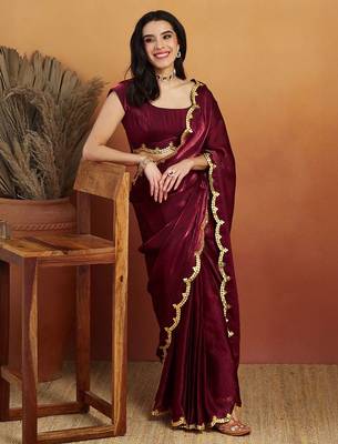 Maroon plain tissue festive wear saree with blouse piece 4
