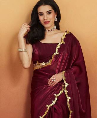 Maroon plain tissue festive wear saree with blouse piece 5