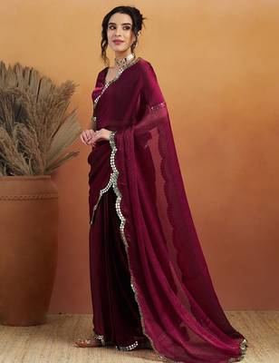 Burgundy plain chiffon designer saree with blouse piece 1