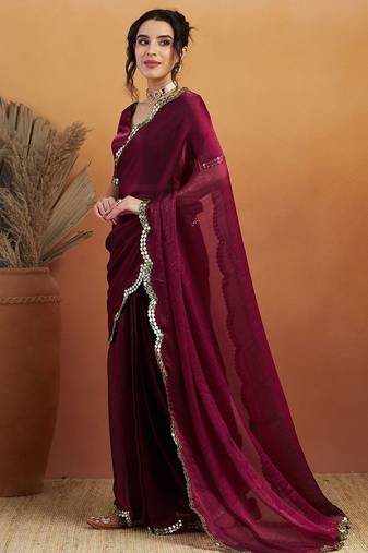 Burgundy plain chiffon designer saree with blouse piece